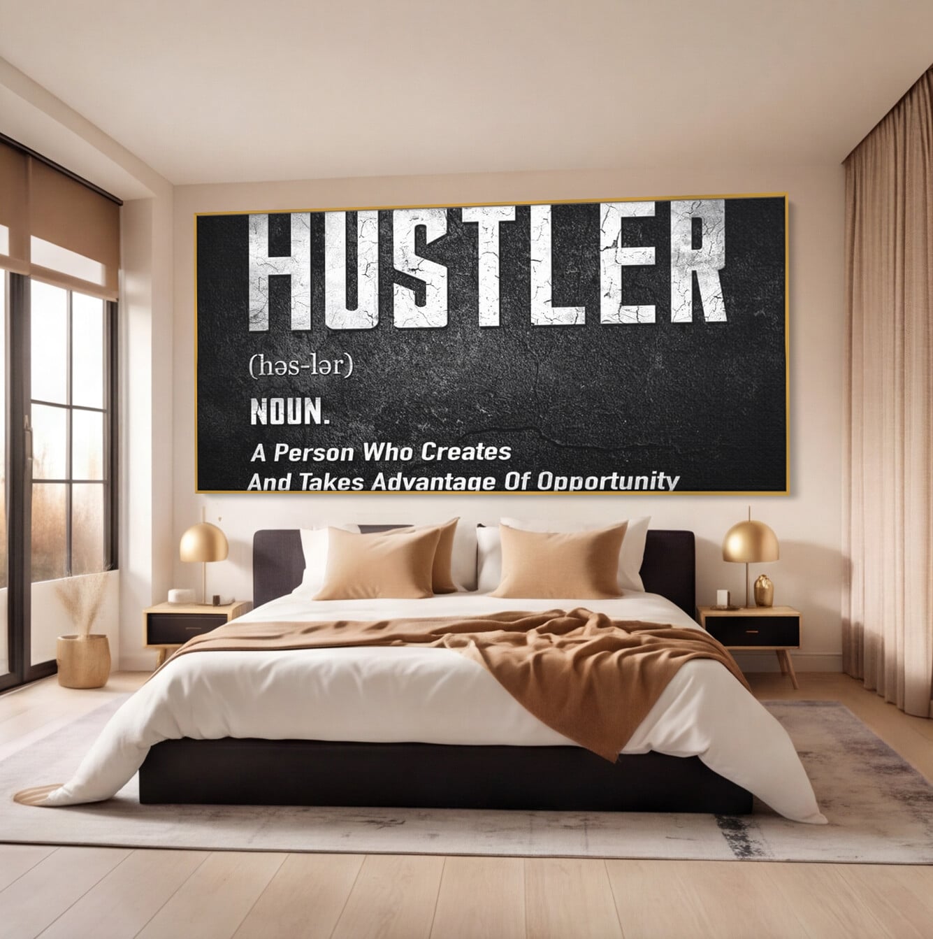 Tablou canvas cu tablou canvas cu definitia cuvantului hustler, in rama de aluminiu auriu, pe perete intr-un dormitor